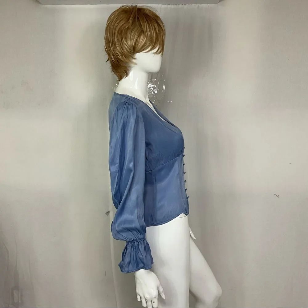 ZARA Purple/ Blue Silky Satin Long Puff Sleeves Button Front Crop Top M - Picture 4 of 10